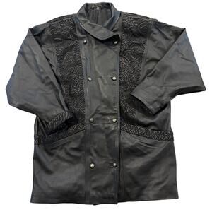 Vtg Echtes Leder Black Leather Jacket Women L Goth Embroider Avante garde Button